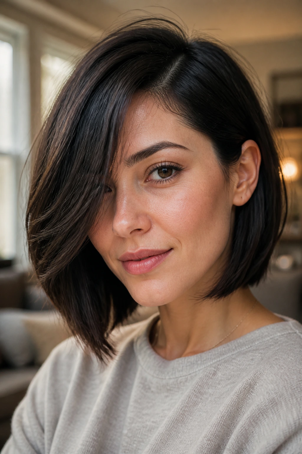 Close-up of a woman with a deep-part asymmetrical lob swoop in warm window light