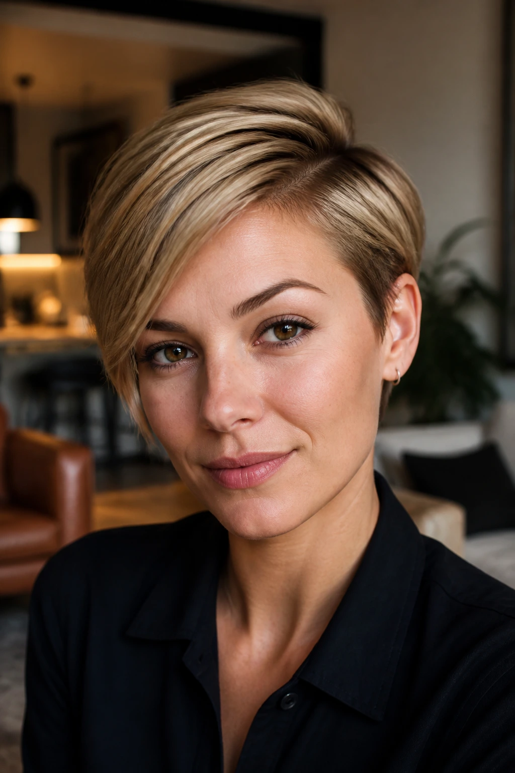 Real person with deep part pixie sweep under warm apartment light