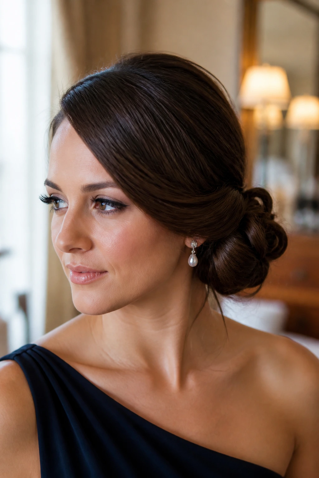 Real woman with deep part and side bun near the ear