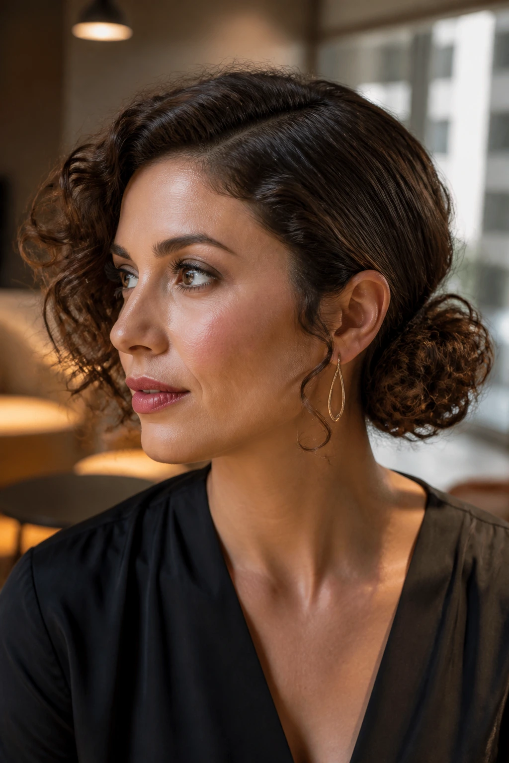 Close-up of real woman with a deep part and side bun.