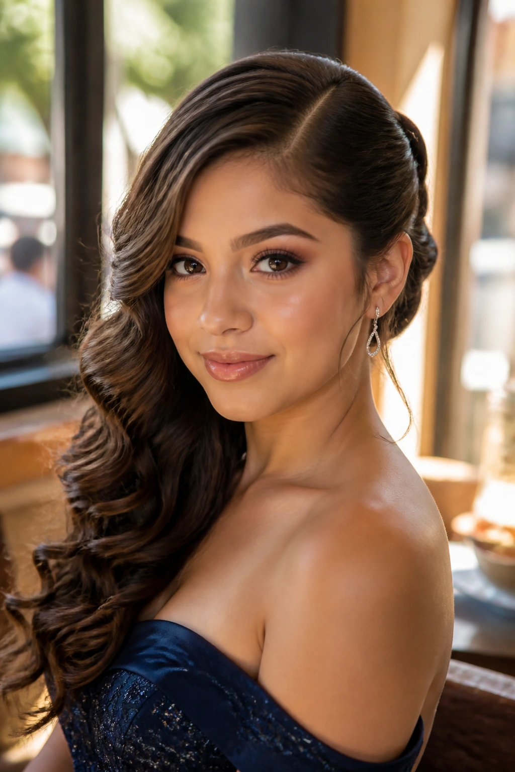 Close-up portrait of a real woman with Side-Swept Curls With a Deep Part.