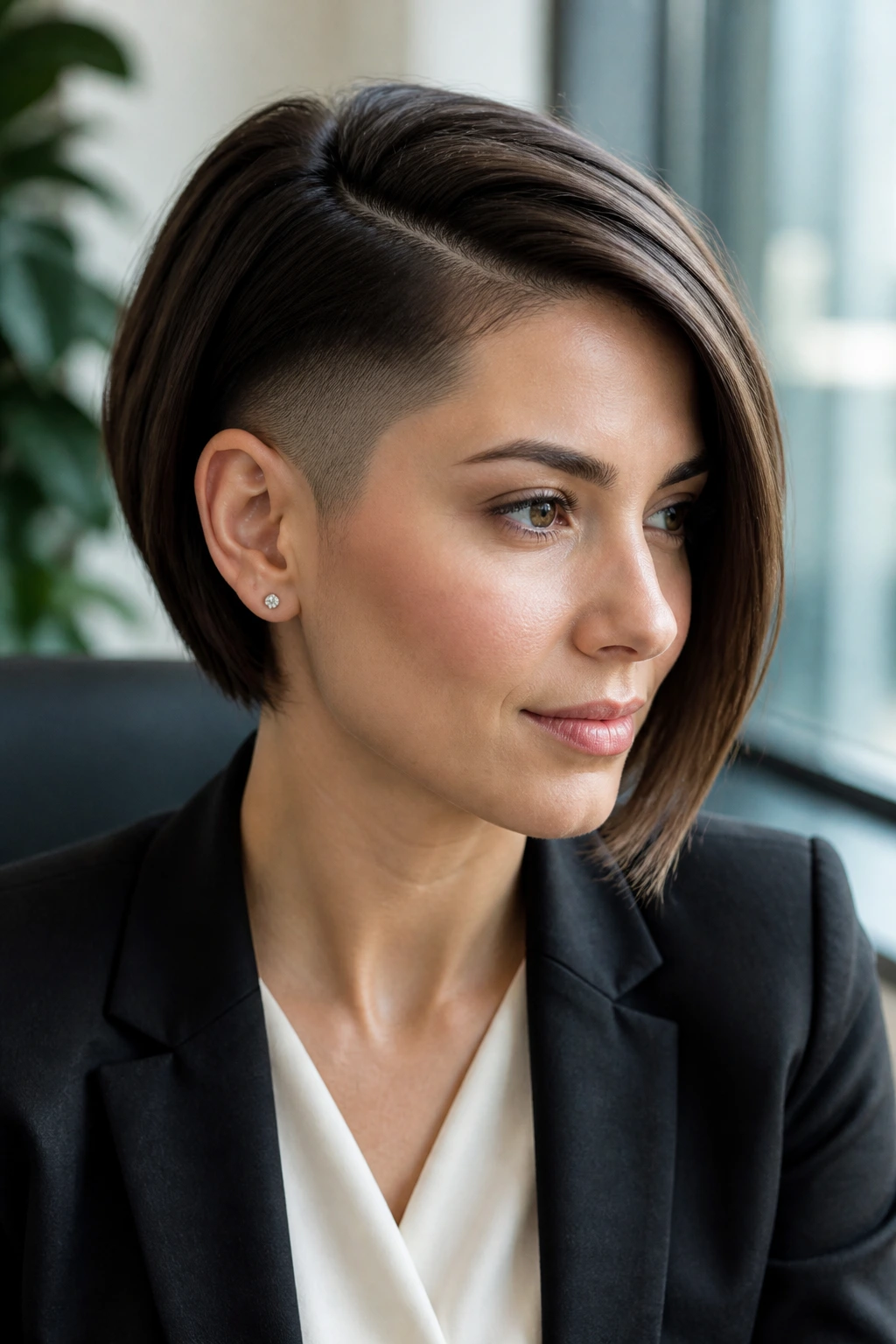 Close-up of a woman with deep-part side fade bob