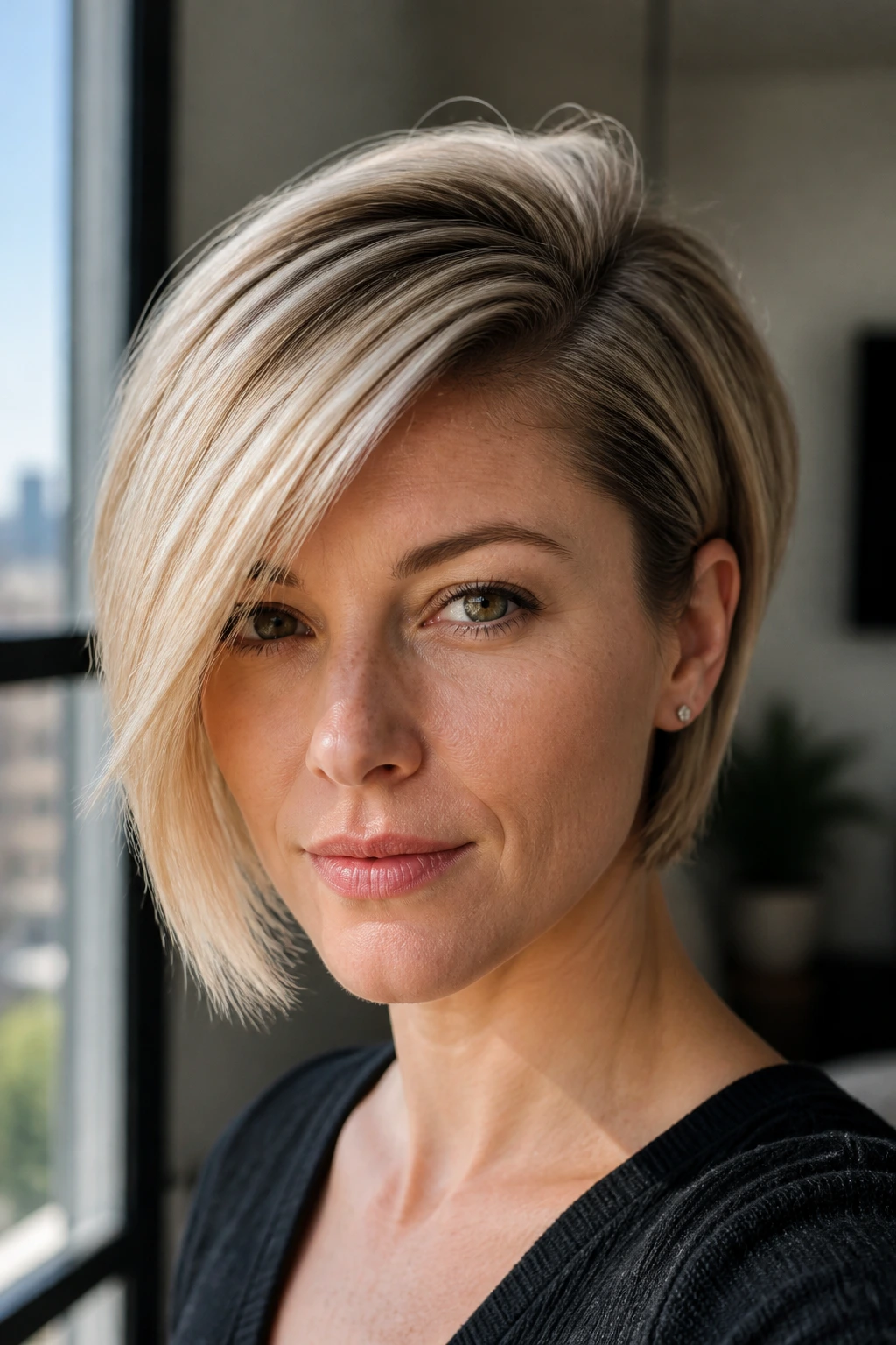 Portrait of a woman with a deep part swoop bangs showing density illusion.