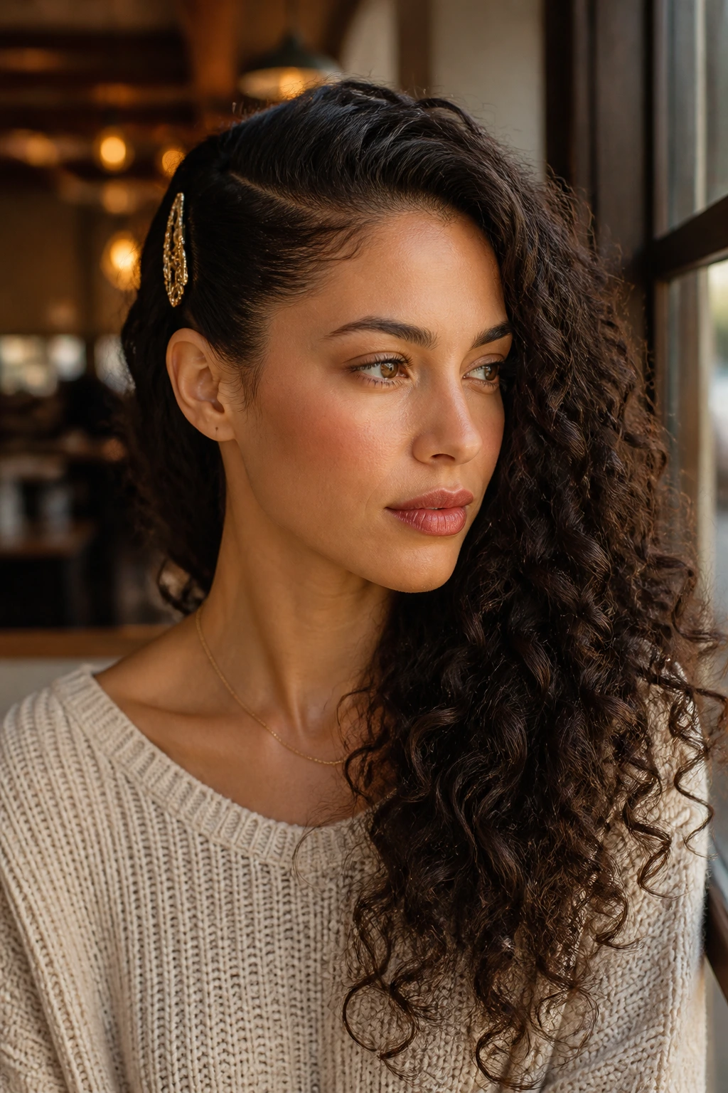 Close-up of a real woman with a deep part and temple clip styling curls.