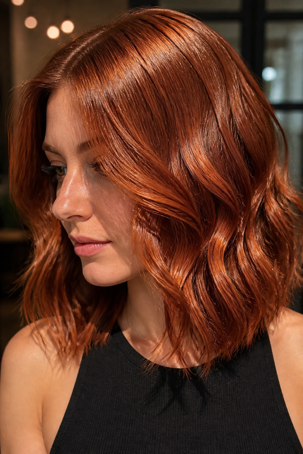 Shoulder-length deep penny copper with high gloss