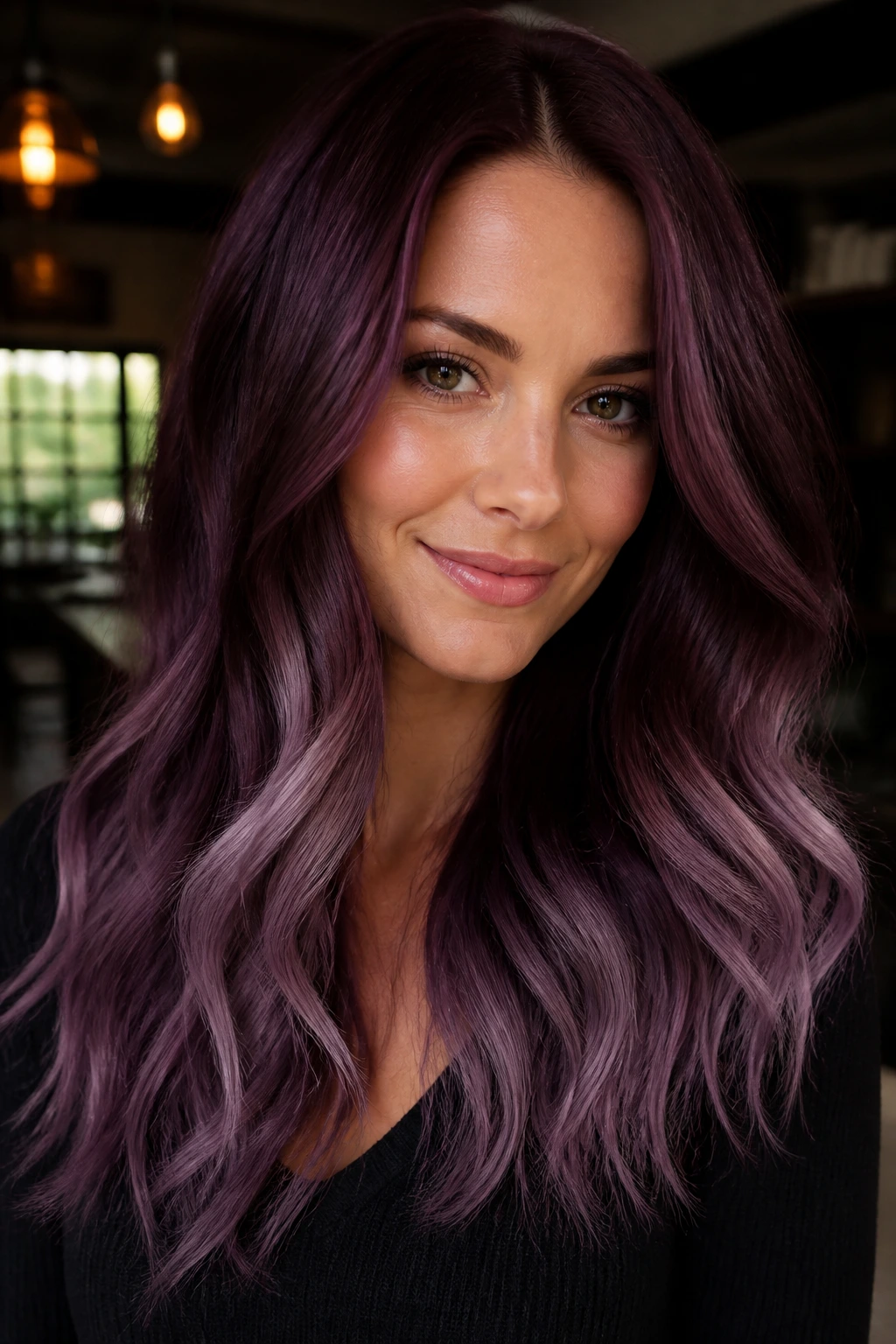 Portrait of a real woman with deep plum hair and dusty mauve ends in moody interior light.