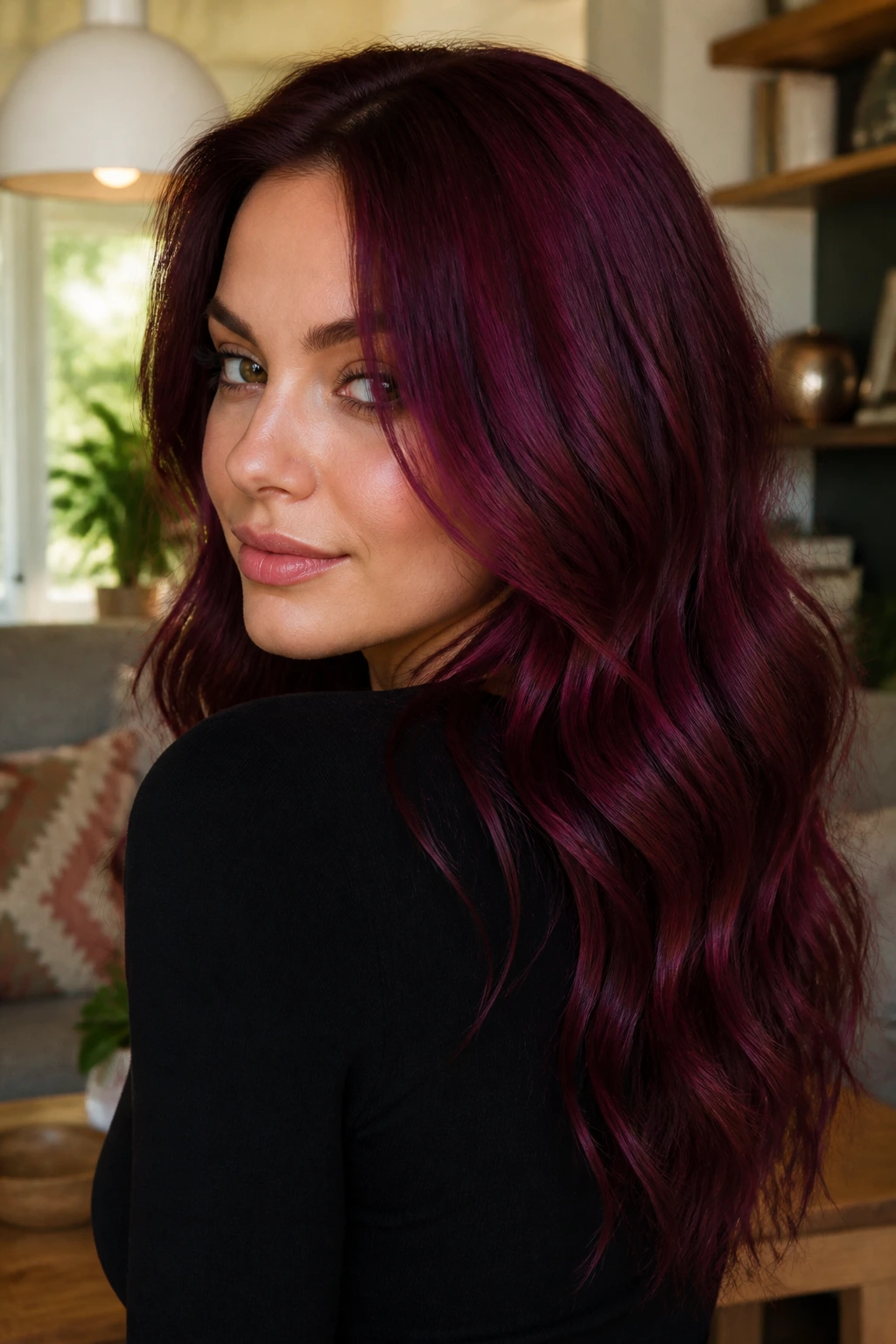 Medium close-up of a woman with deep plum waves and warm lighting