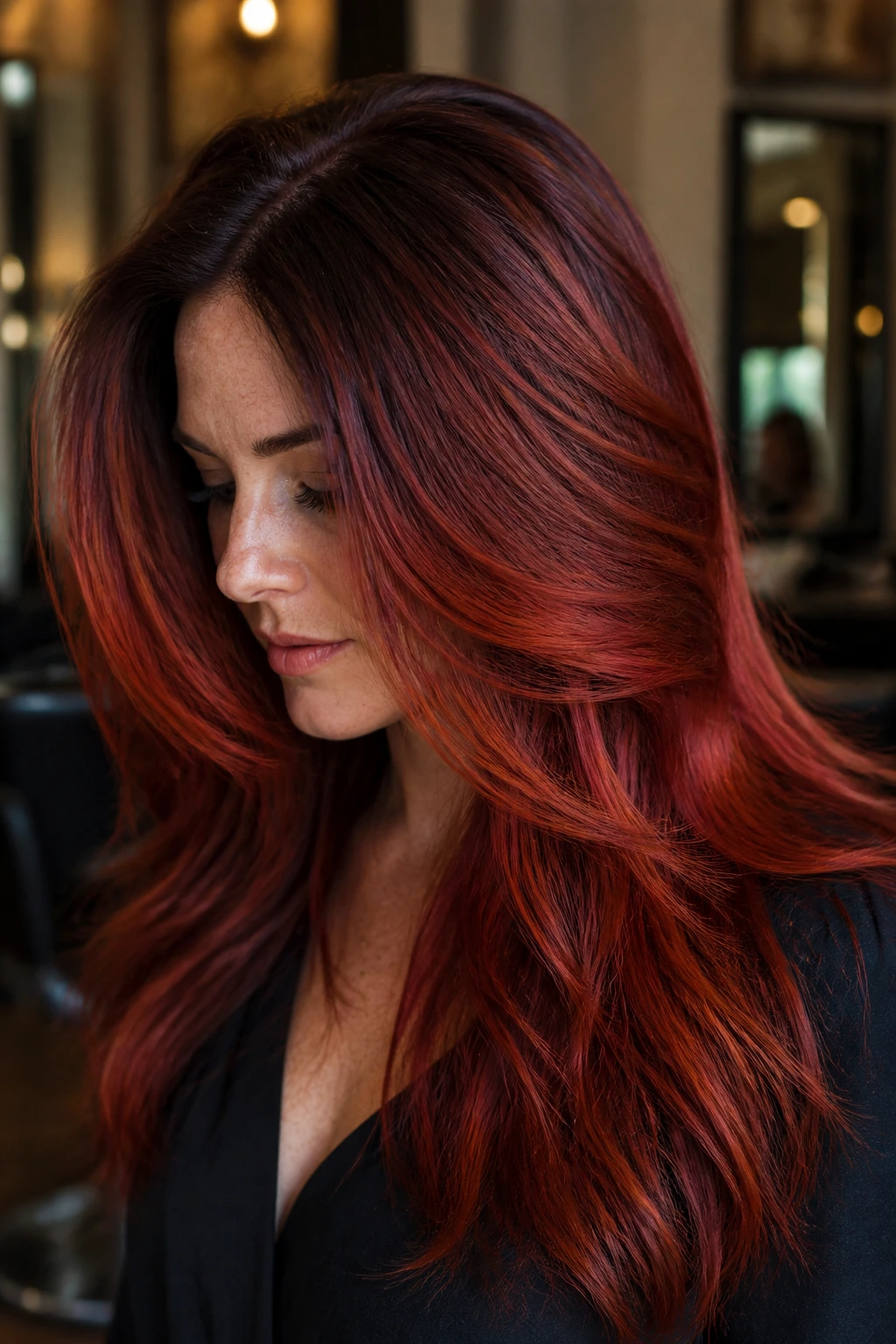 Close-up of thick-haired person showing deep root shade for red hair.