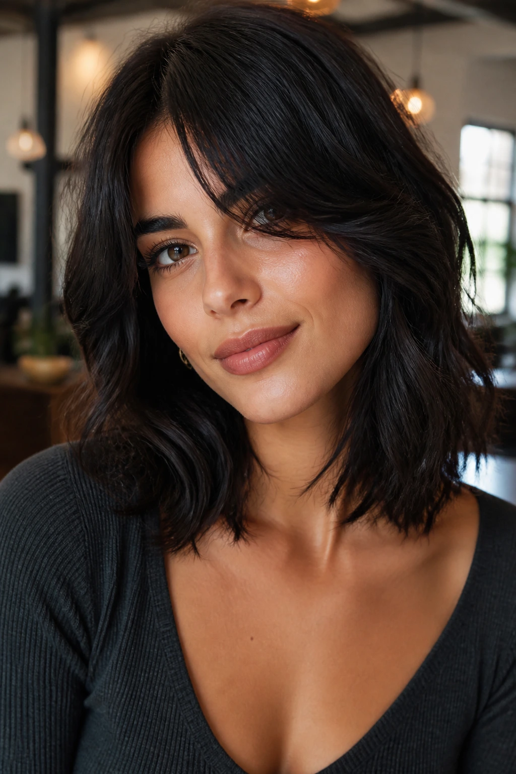 Portrait of deep sable hair with curtain bangs framing the face