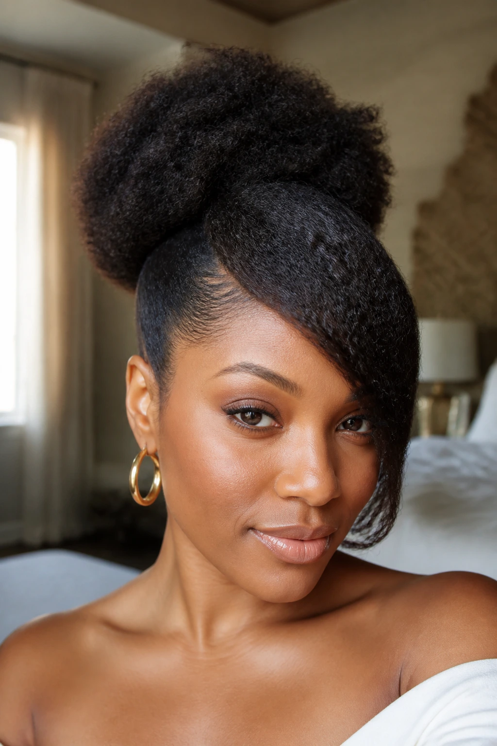Close-up of a woman with a deep side-bang puff hairstyle highlighting a diagonal bang and crown puff.