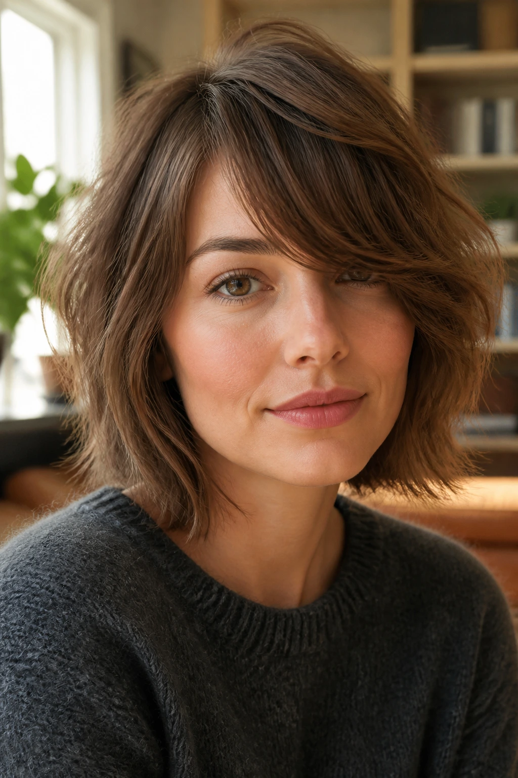 Portrait of a woman with deep side-bang shag, front volume and jaw-length layers