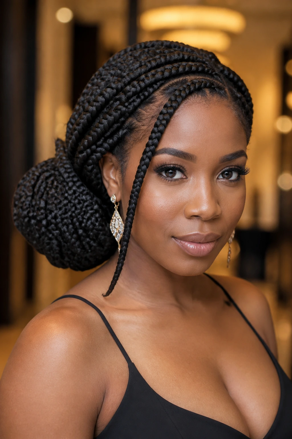 Real woman with a deep side bun jumbo box braids