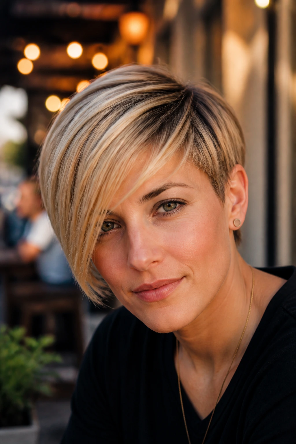 Portrait of a real woman with a deep side-fall pixie outdoors at golden hour