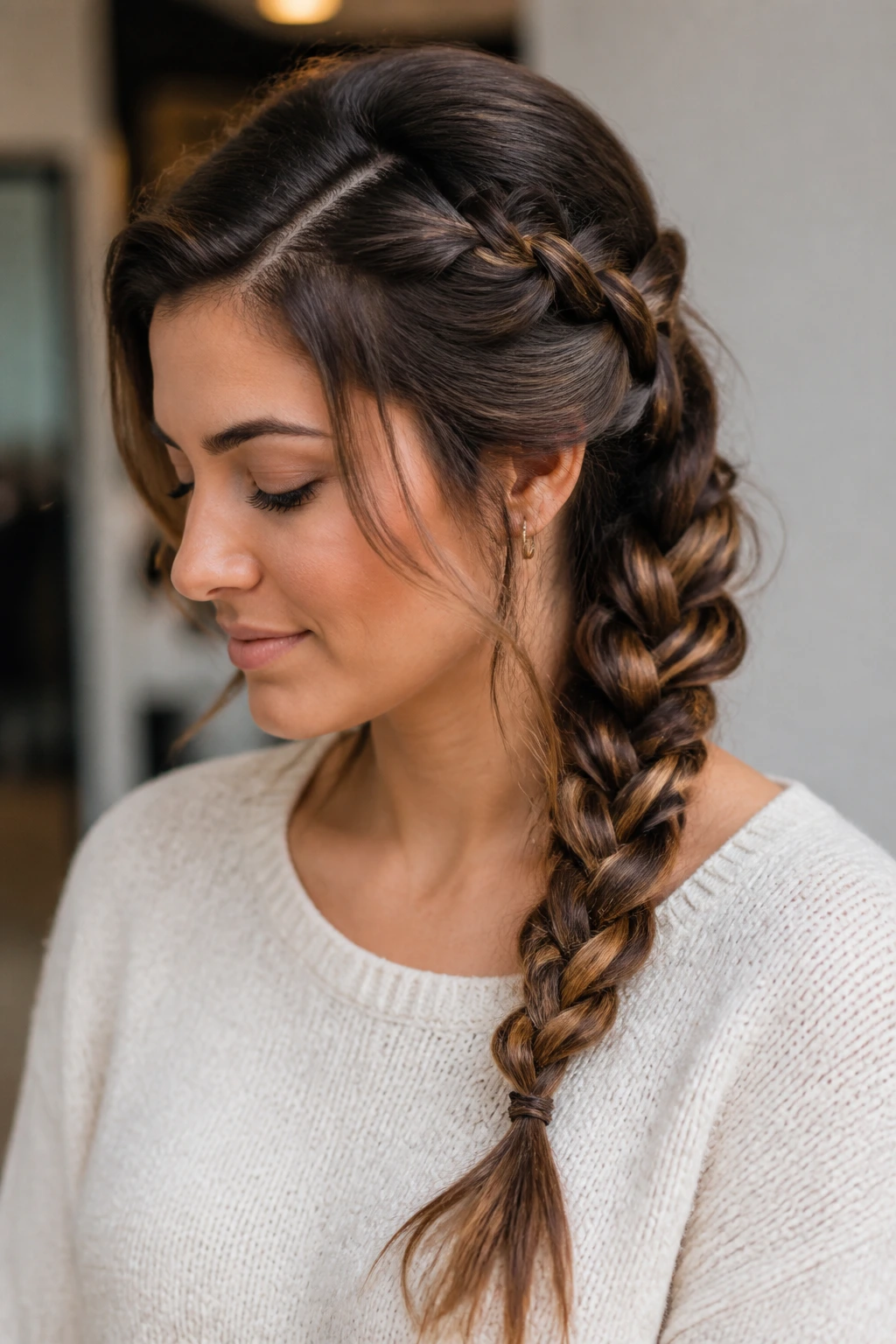 Deep side French braid draped over shoulder on real person