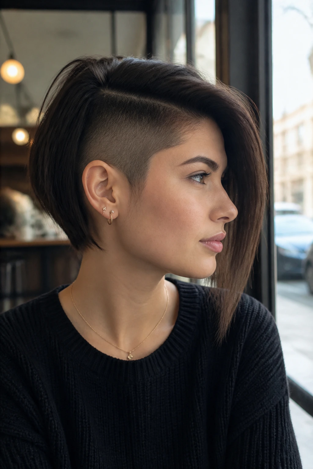 Profile view of deep side-panel undercut behind temple with long top in a bob