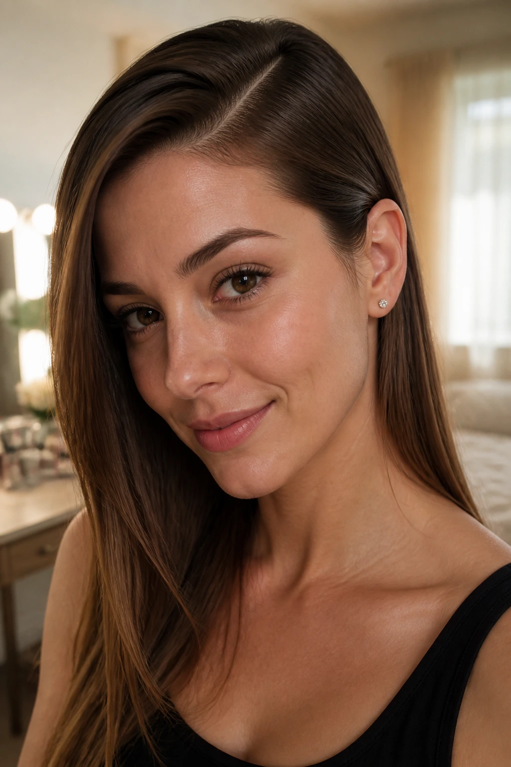 Close-up portrait of a real woman with a deep side part and ear tuck.