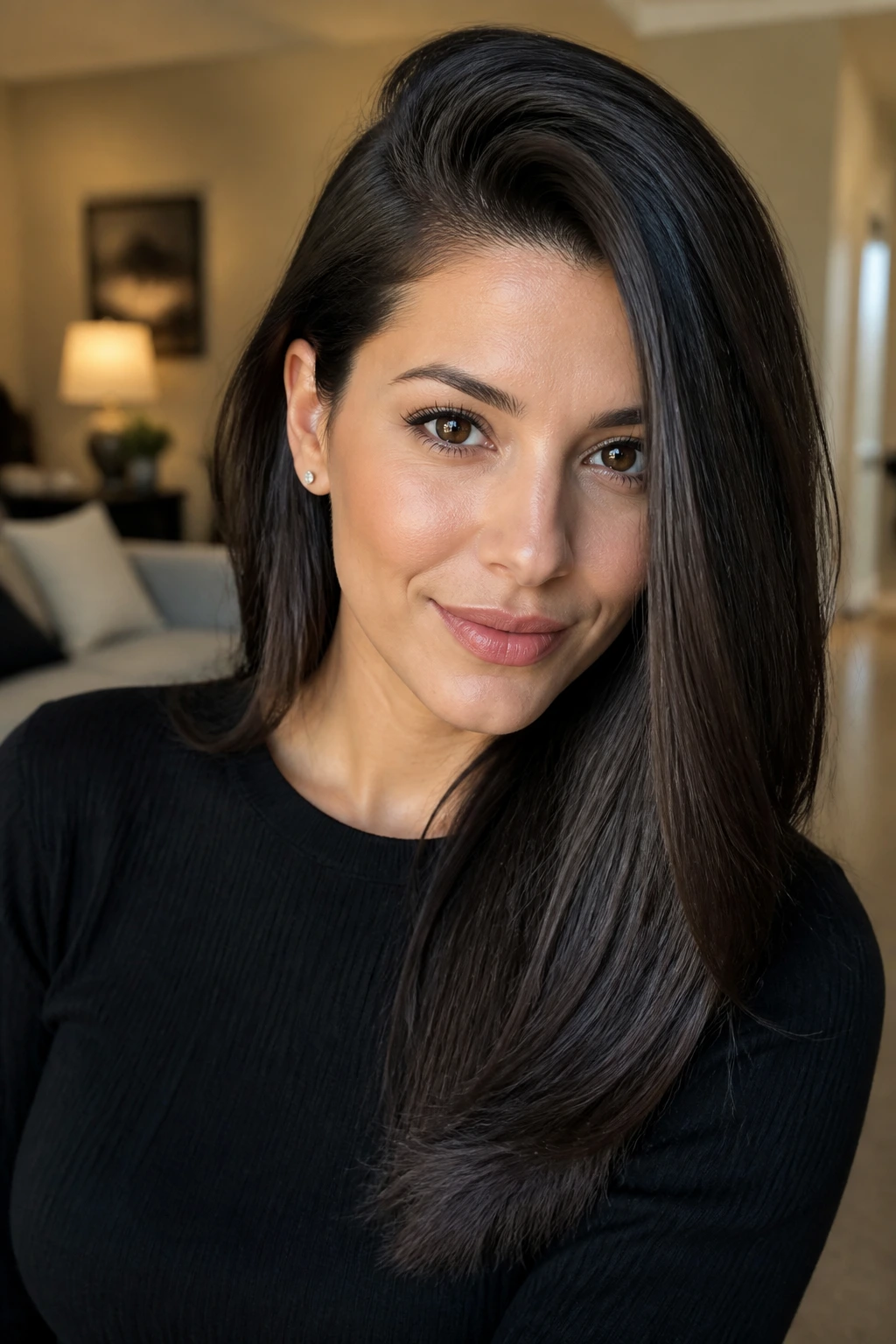 Close-up portrait of a real woman with a dramatic deep side part sweep