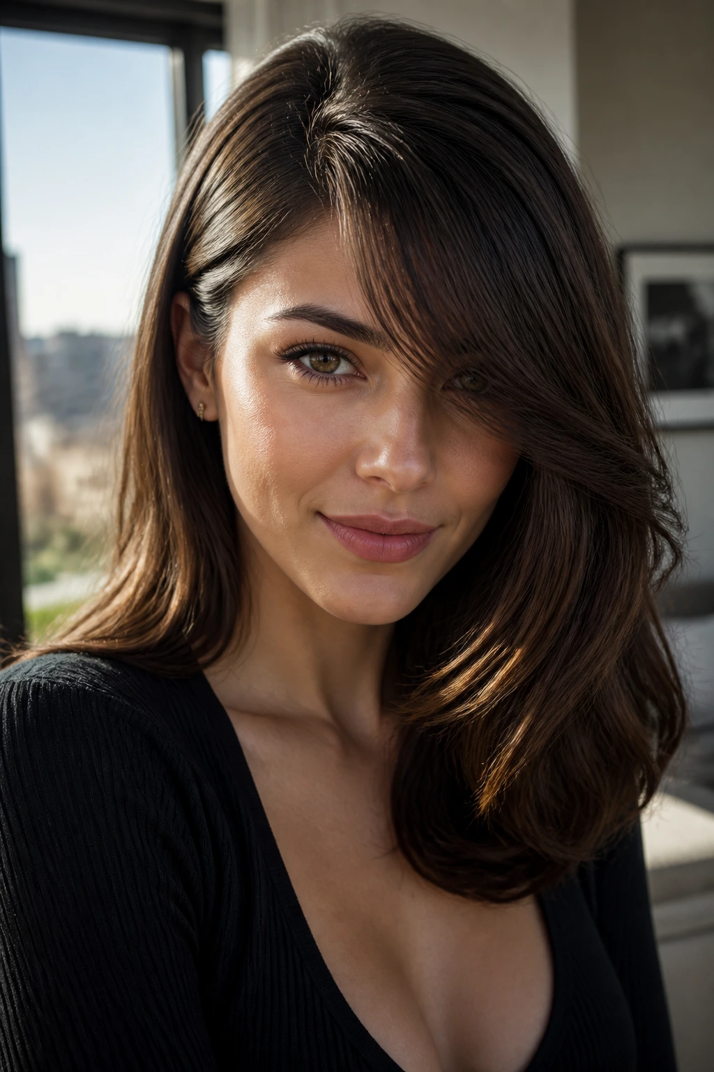 Close-up of real person with deep side-part bangs and soft asymmetrical fringe