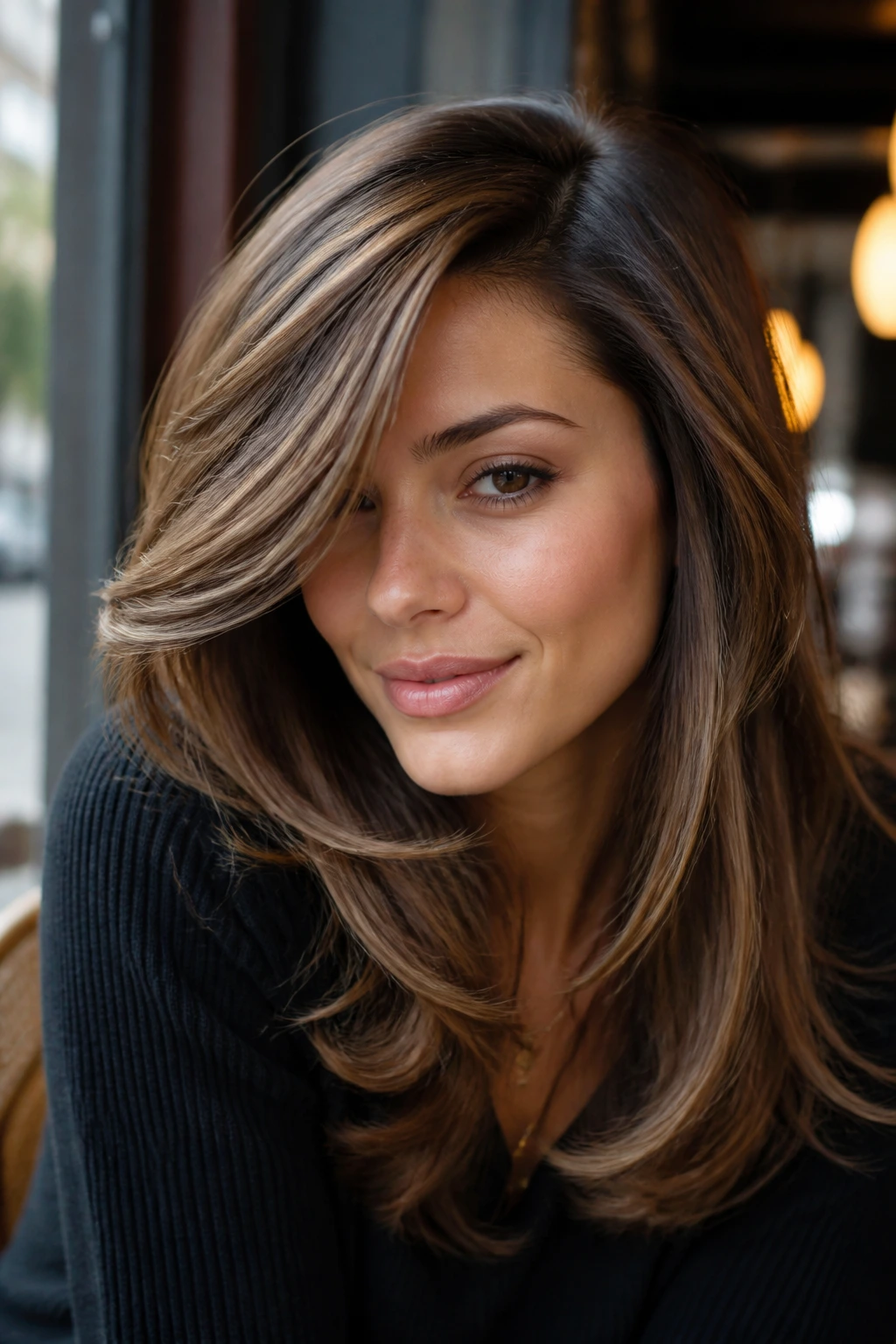 Close-up portrait of a real woman with deep side-part balance layers