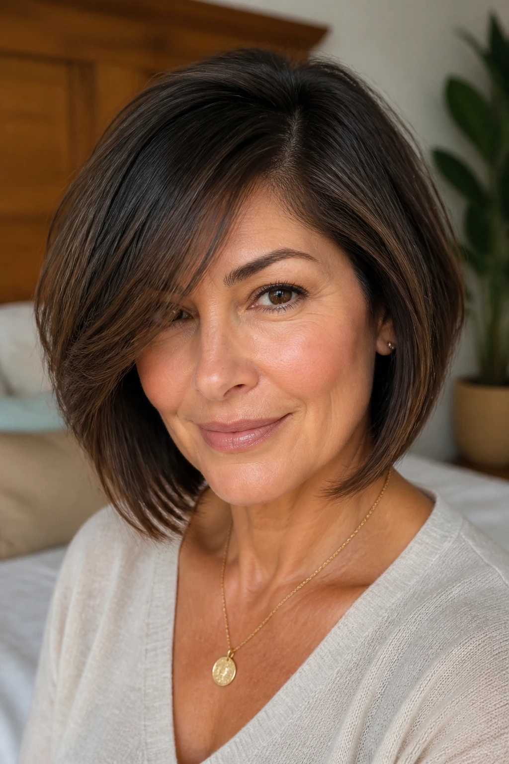 Close-up portrait of a real woman with a deep side-part diagonal fringe in warm bedroom light