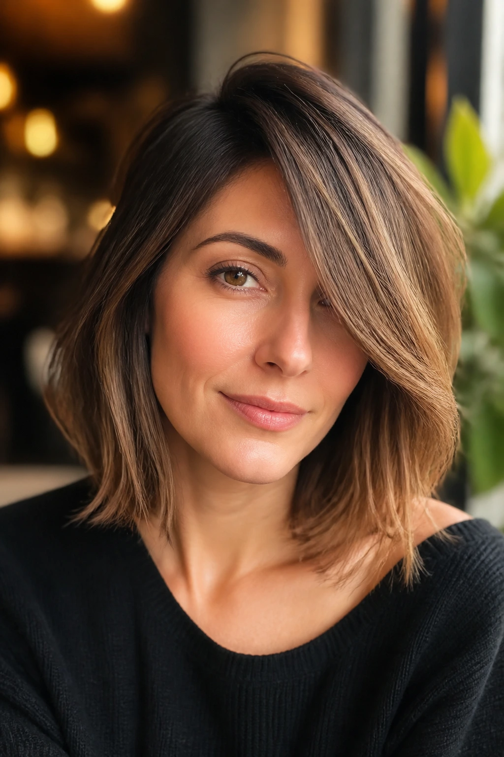 Close-up of a woman with deep side part and soft bang sweep