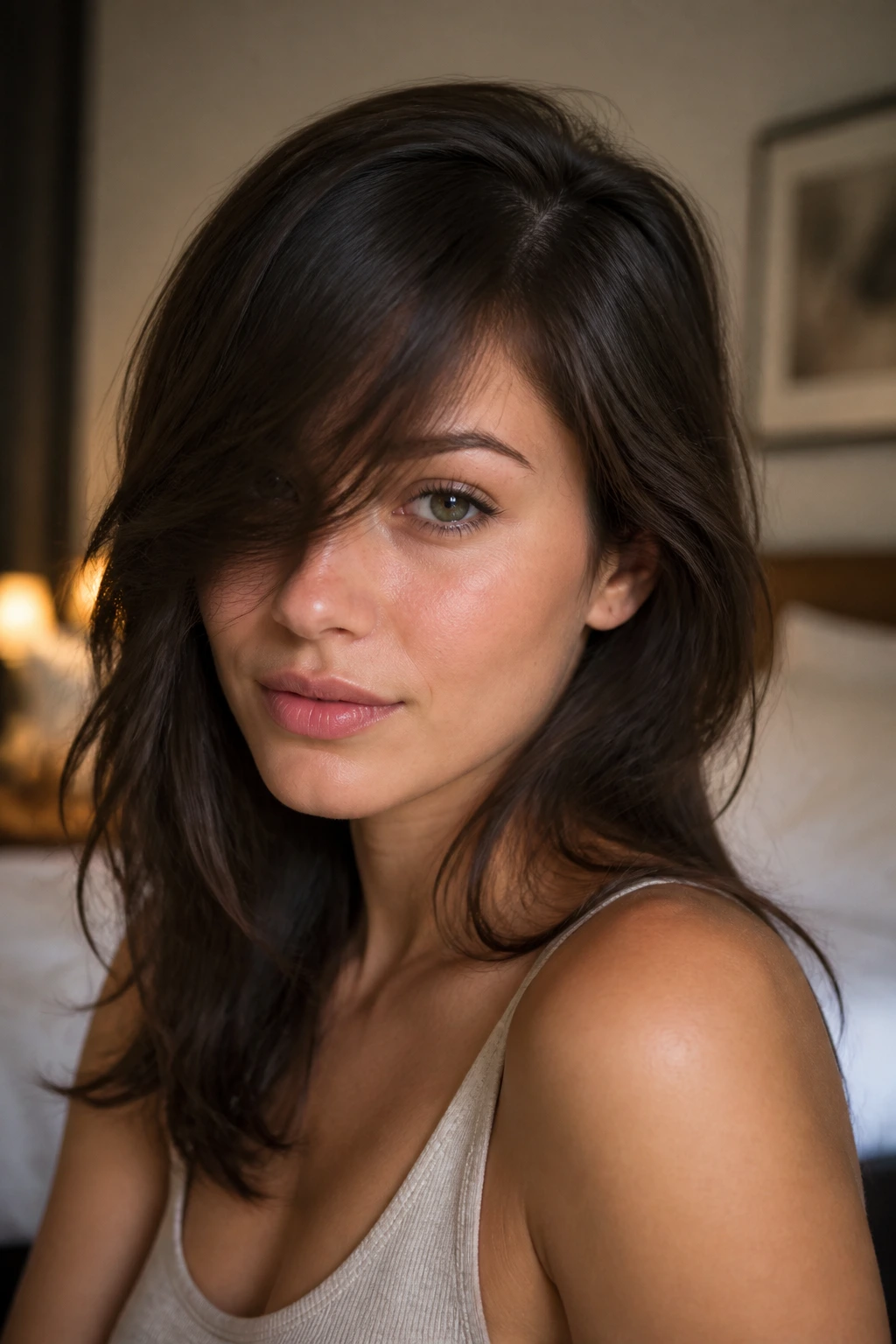 Portrait of a person with deep side-part bangs framing one eye in warm light