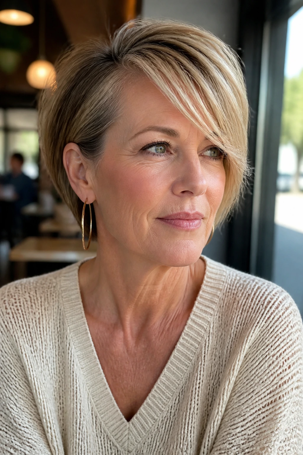Close-up portrait of a woman with a deep side-part bangs sweeping across the forehead
