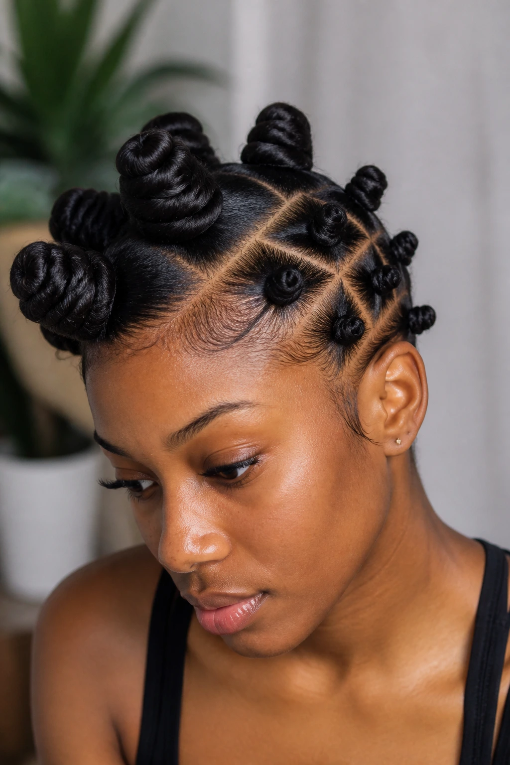 Portrait of deep side-part bantu knots hairstyle.