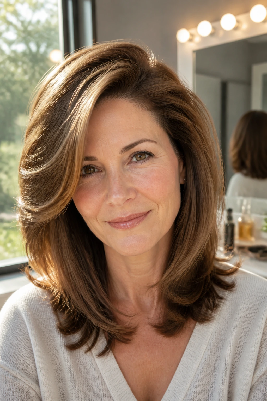 Close-up of a real woman with a deep side-part blowout hairstyle.
