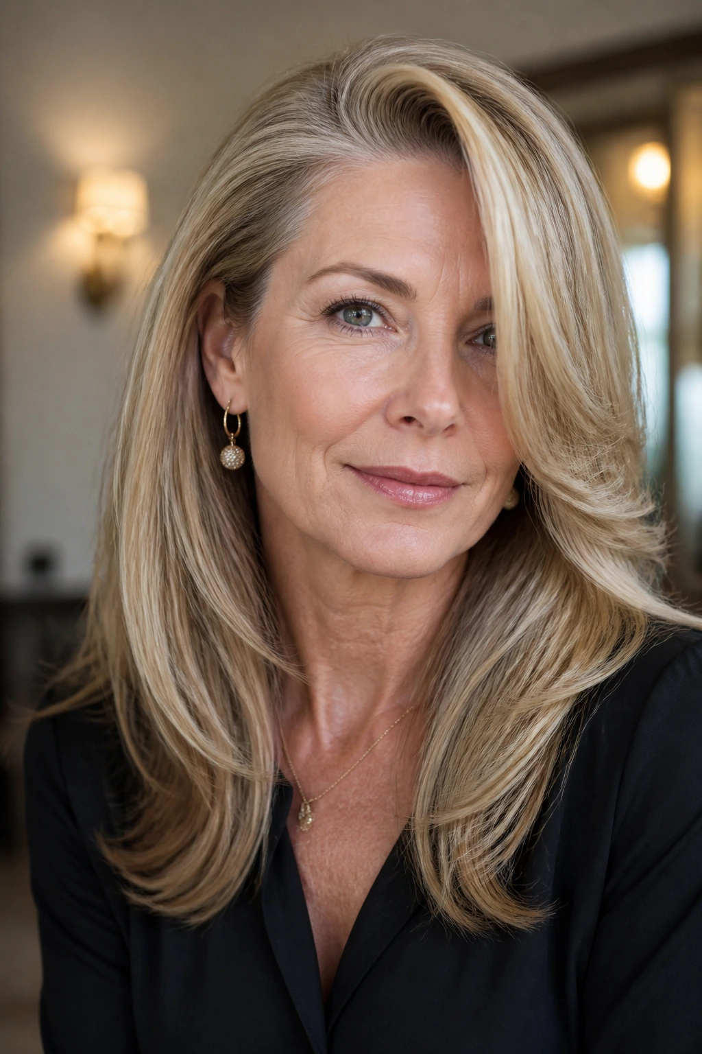 Real woman with a deep side-part blowout in a chic indoor space