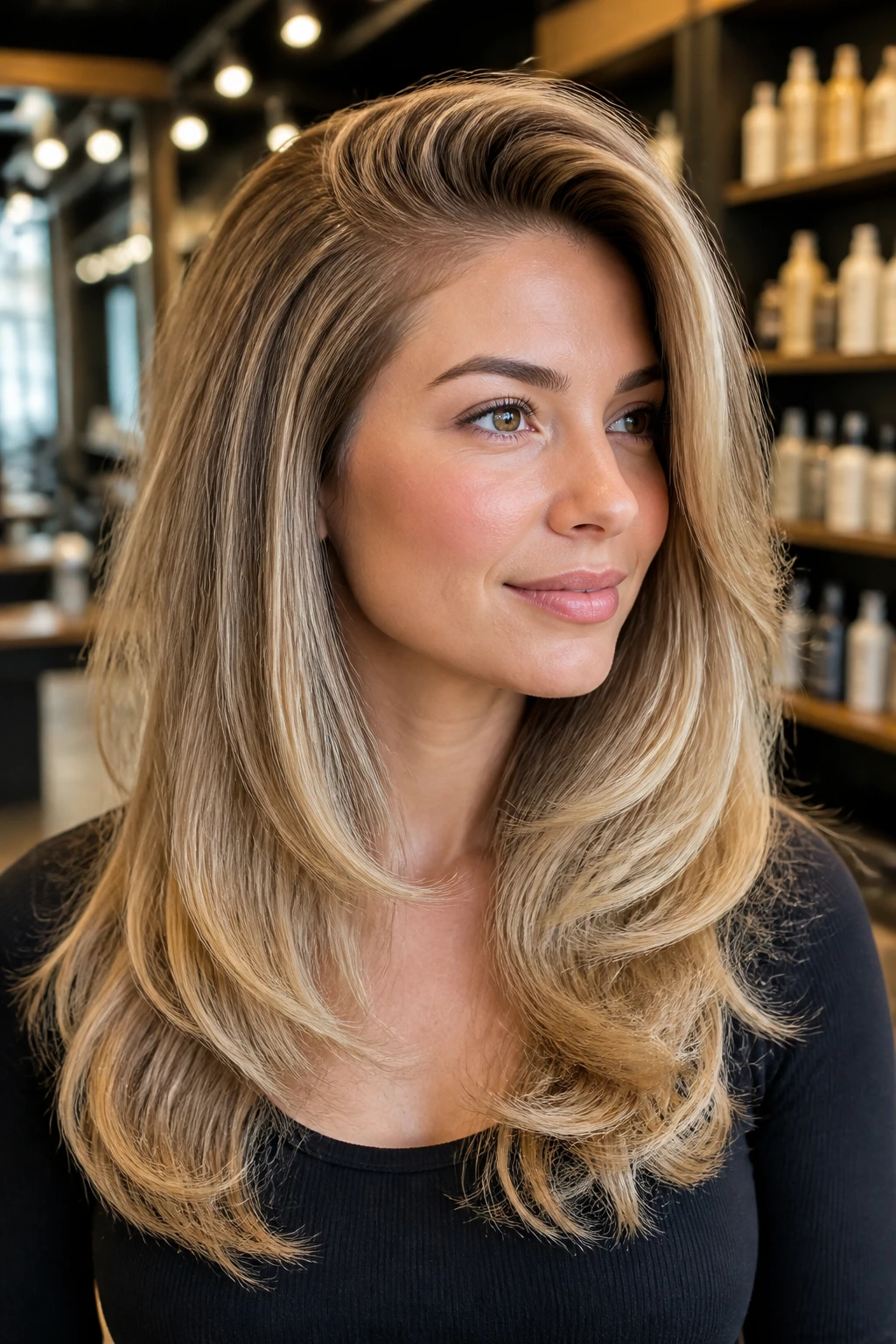 Close-up portrait of a real woman with a deep side-part blowout and lifted crown