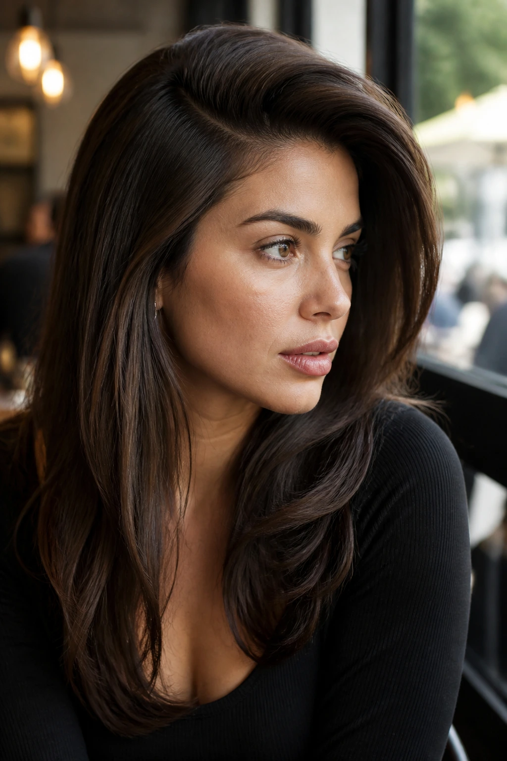 Portrait of a real woman with a dramatic deep side-part blown-out hairstyle.