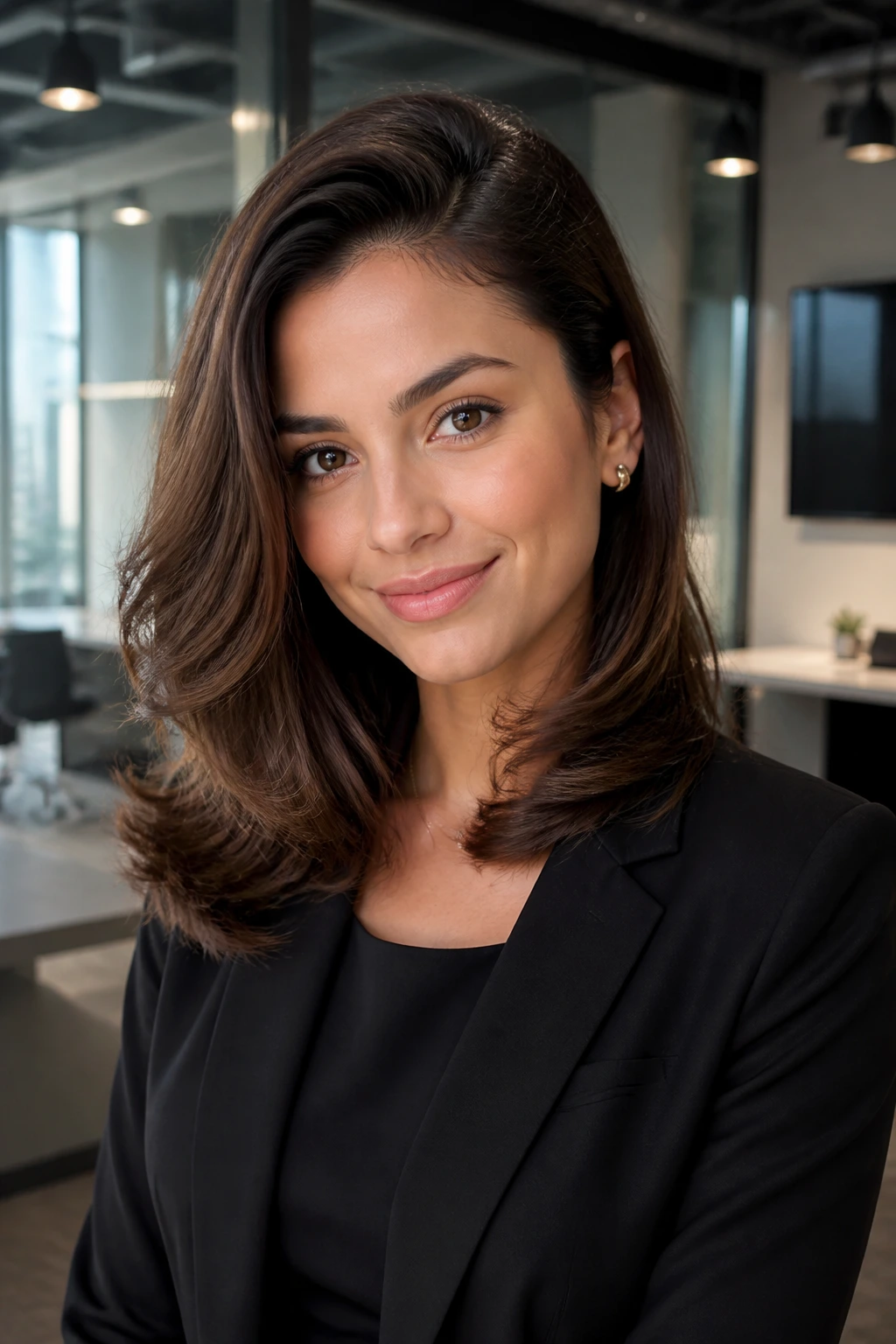 Real woman with a deep side-part blowout in an office setting