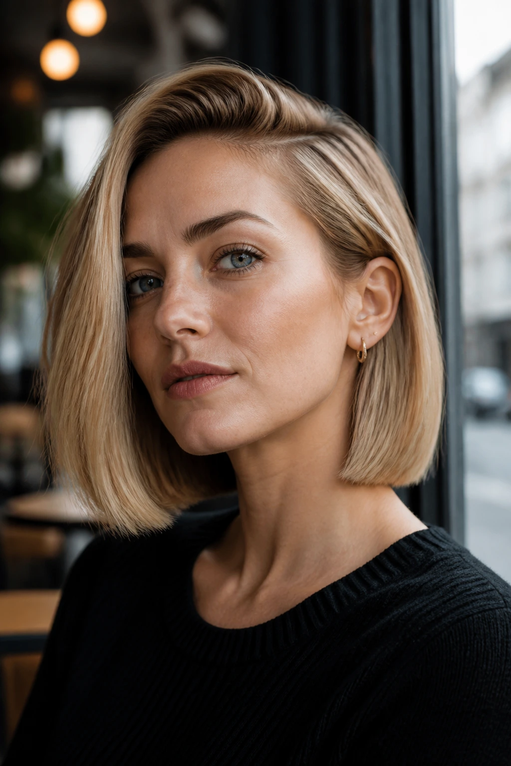 Deep side-part blunt bob with side-swept hair on real woman