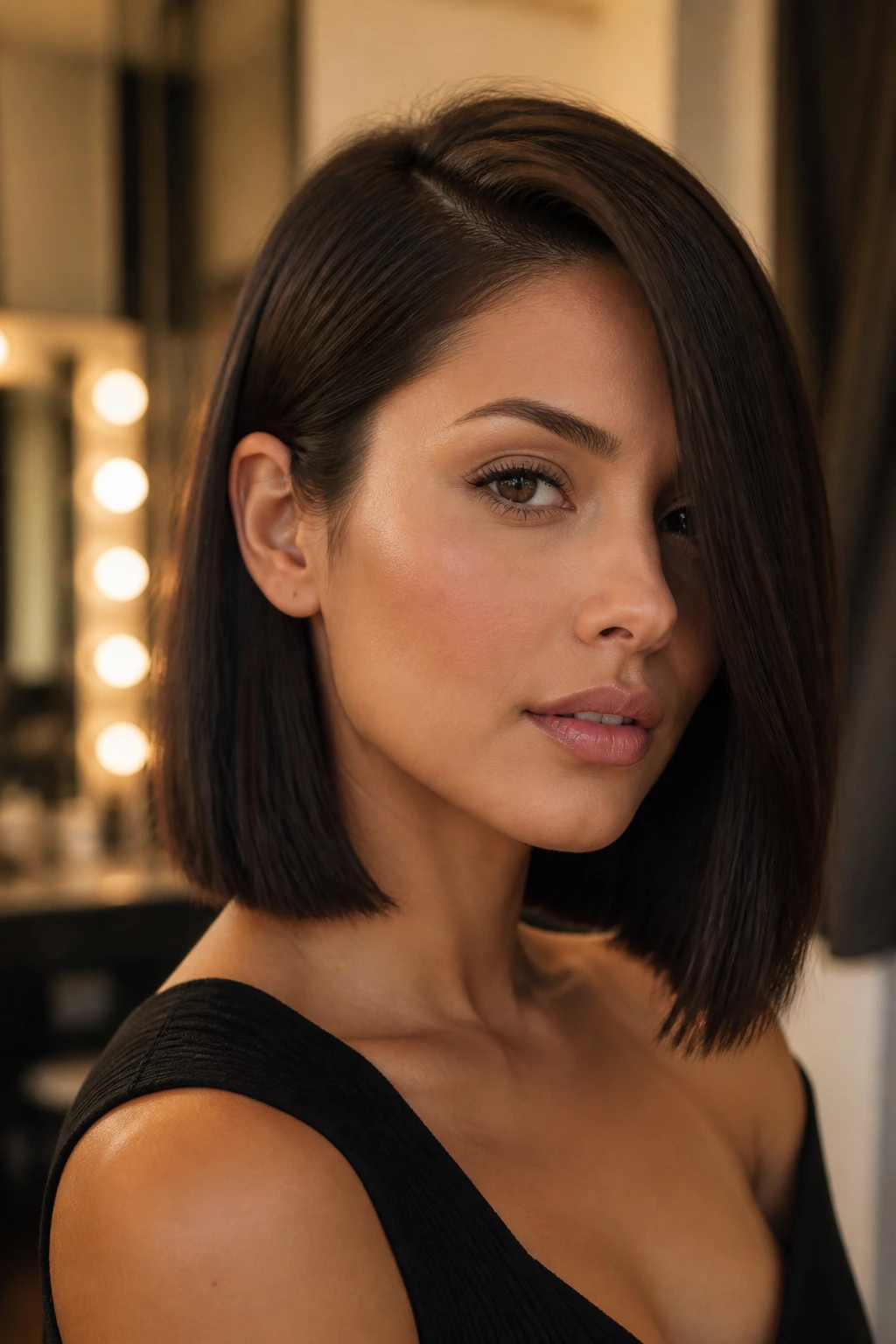 Real woman with deep side-part blunt bob in dressing room light