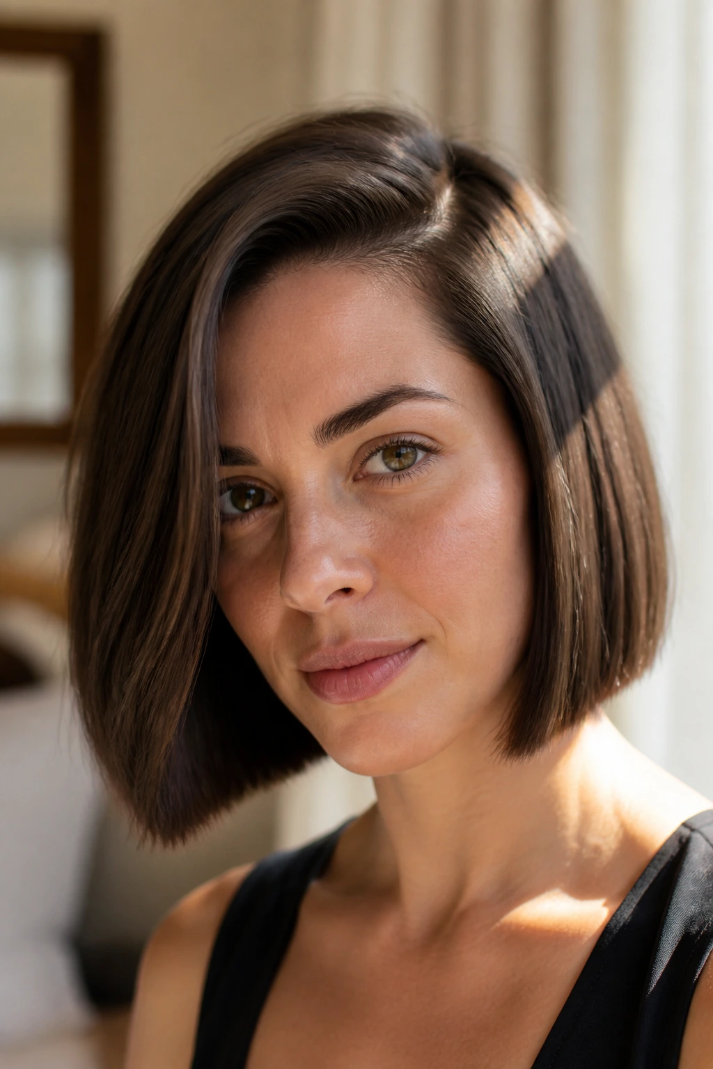 Portrait of a woman with deep side-part blunt bob and chin-length blunt edge