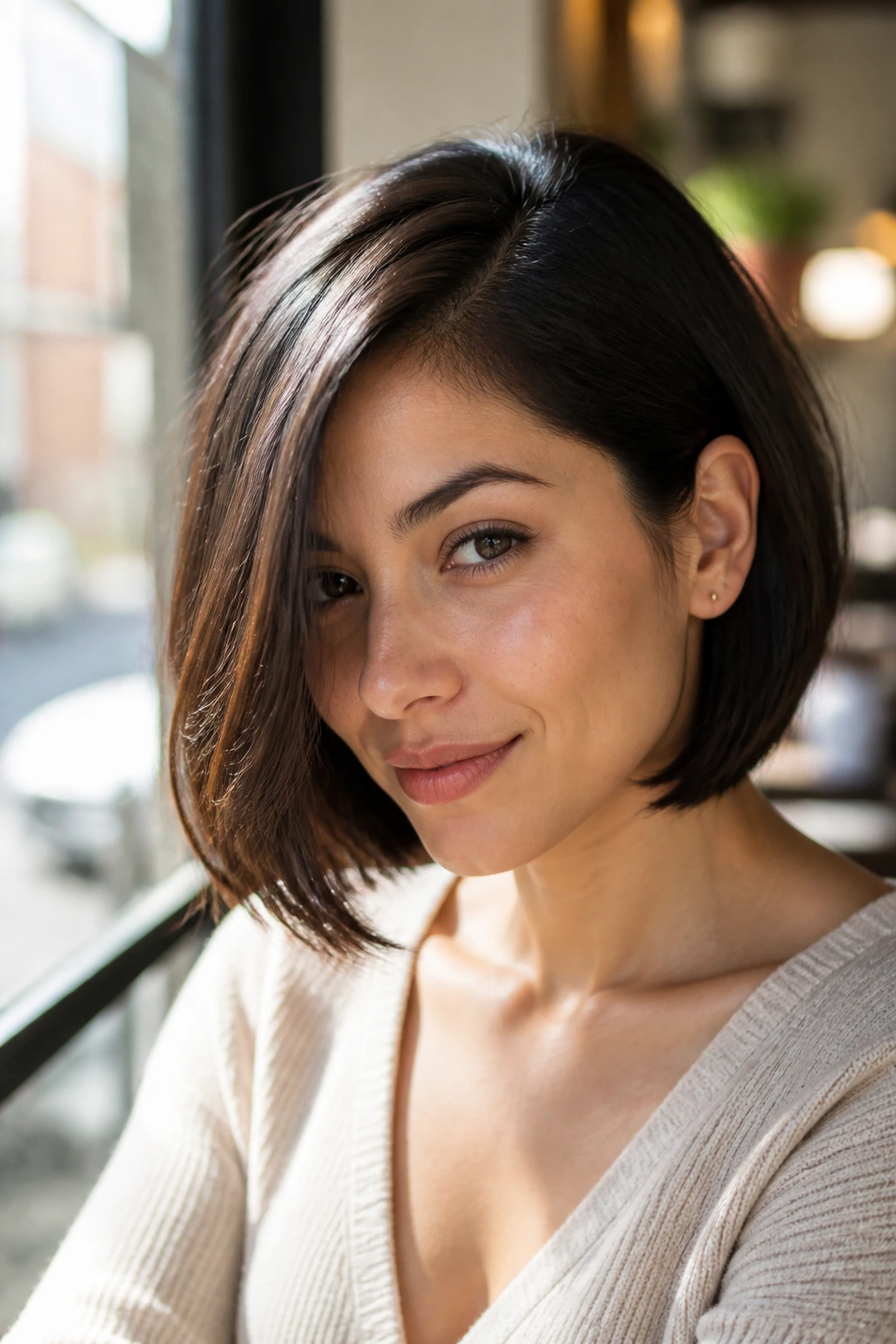 Close-up of a real woman with a deep side-part bob showing weight distribution in natural light.