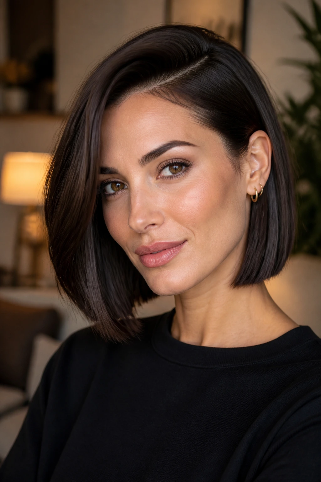 Portrait of a person with deep side-part blunt bob showing movement