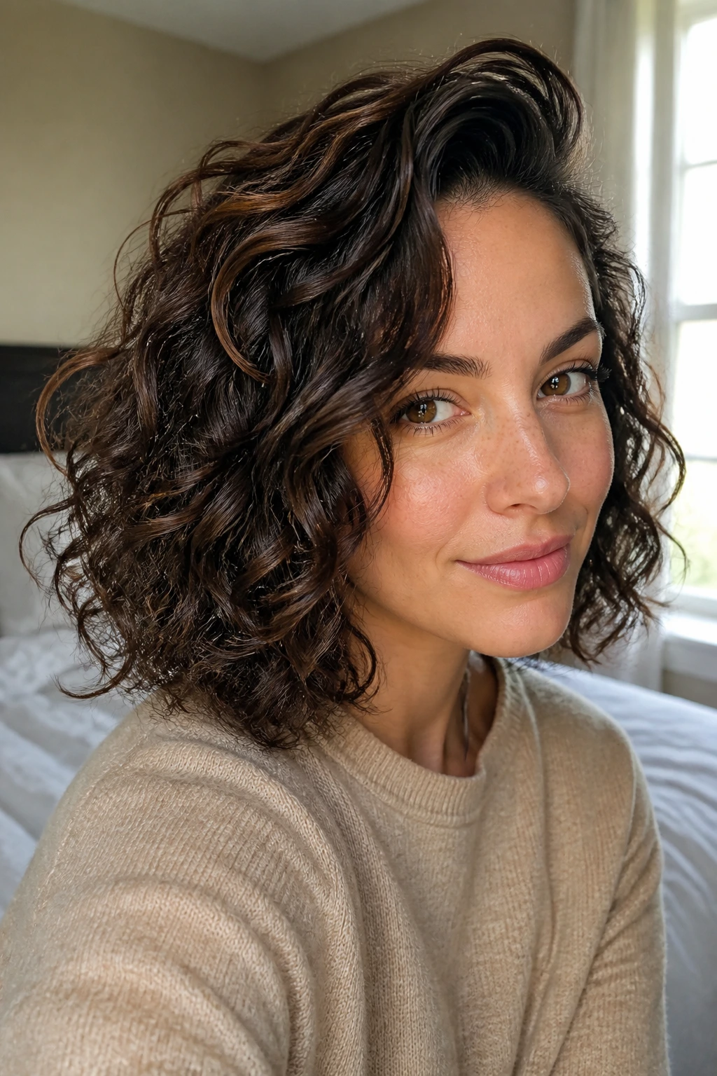 Close-up of a real woman with a deep side-part curly bob, crown volume and defined curls