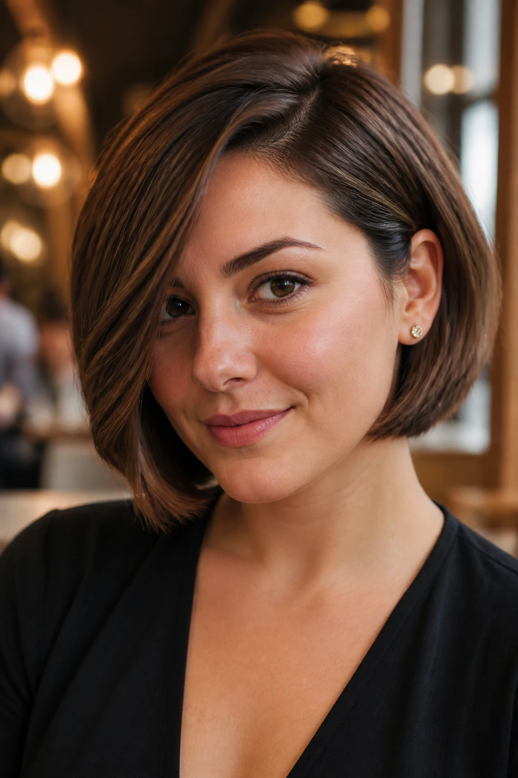 Portrait of a woman with a deep side-part bob.