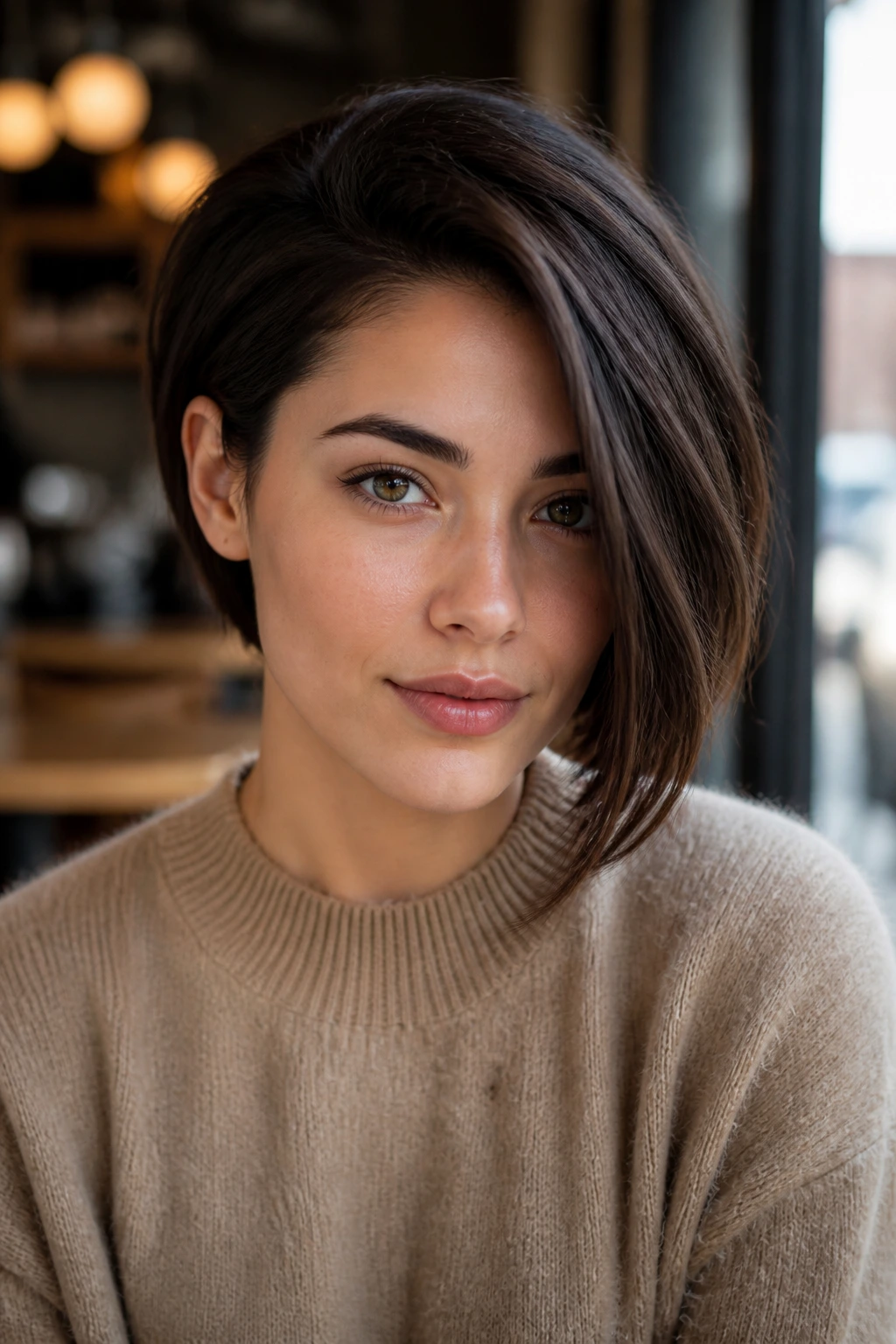 Close-up of a real person with a deep side-part bob under natural light.
