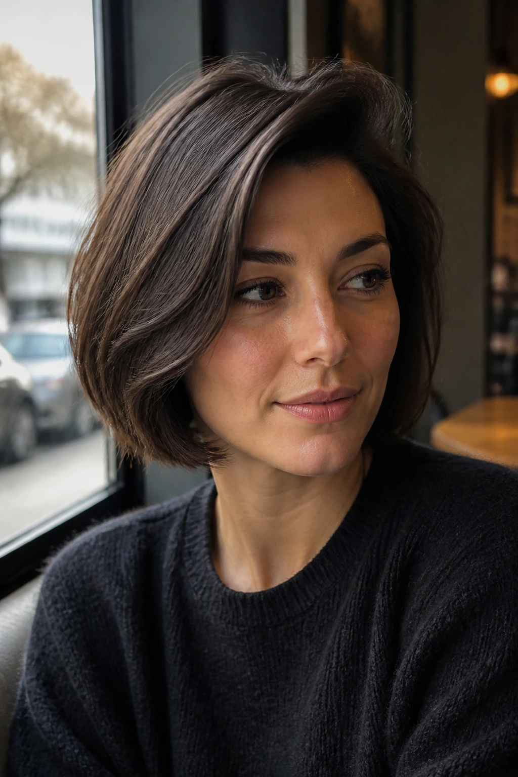 Close-up of a real woman with a deep side-part Italian bob; diagonal part and lift at crown.