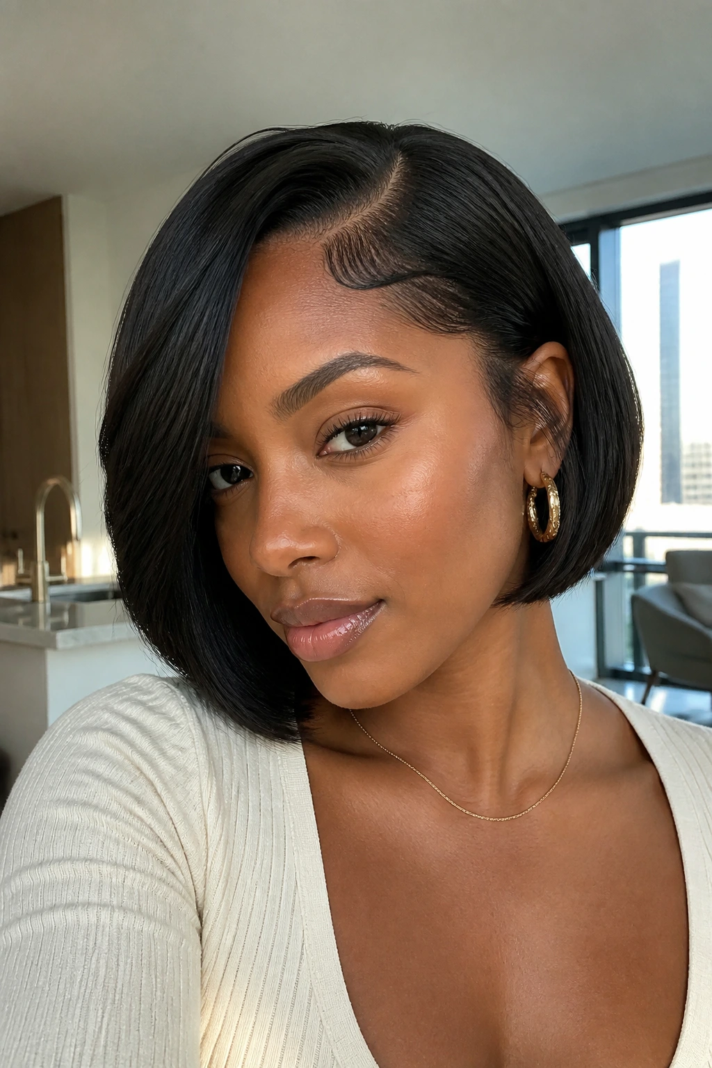Portrait of a Black woman with a deep side-part bob