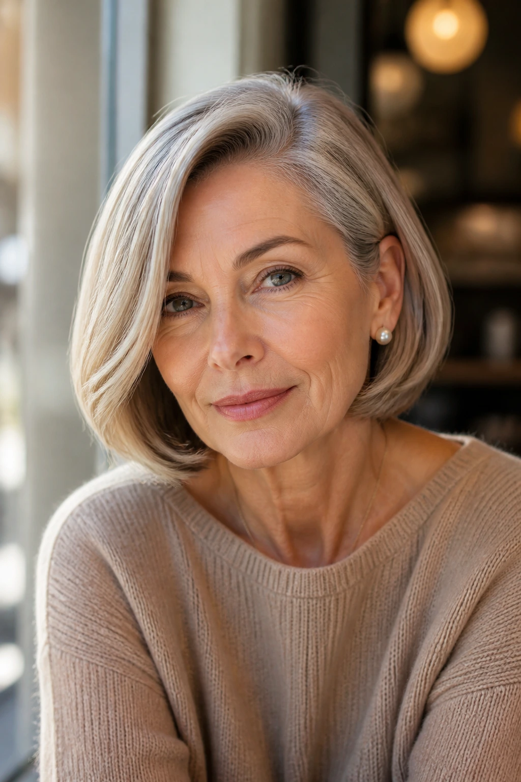Medium close-up of a woman with a deep side-part classic bob under warm window light