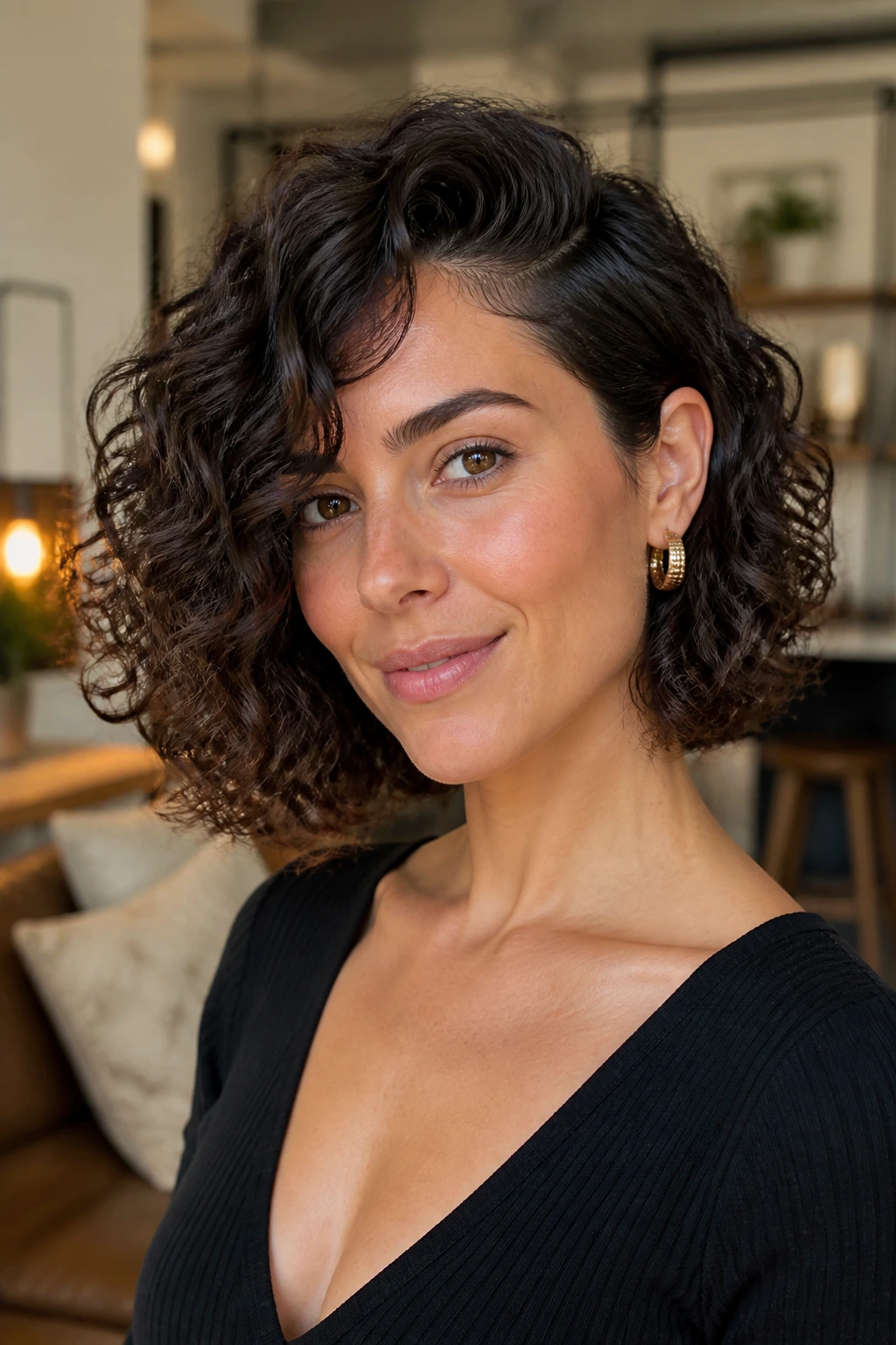 Real woman with deep side-part curly bob showing volume and balance