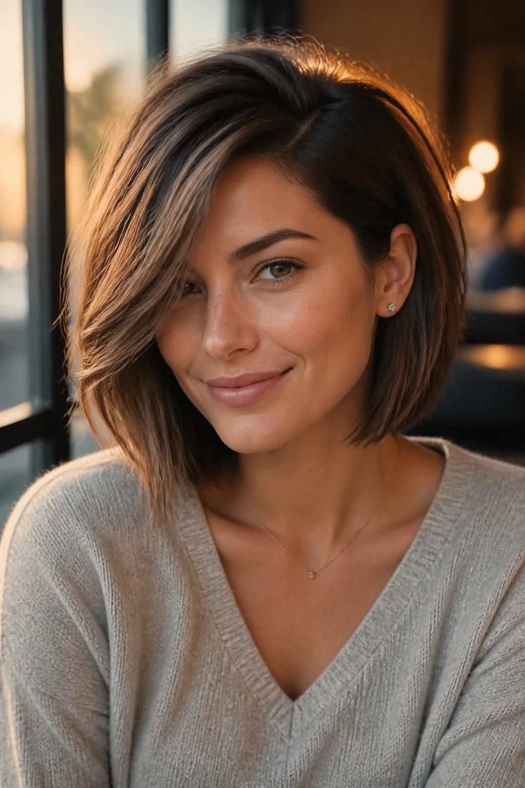Close-up of a real woman with a deep side-part bob