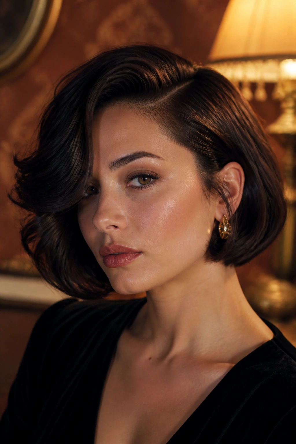 Deep side-part bob with old-Hollywood sweep on a real person