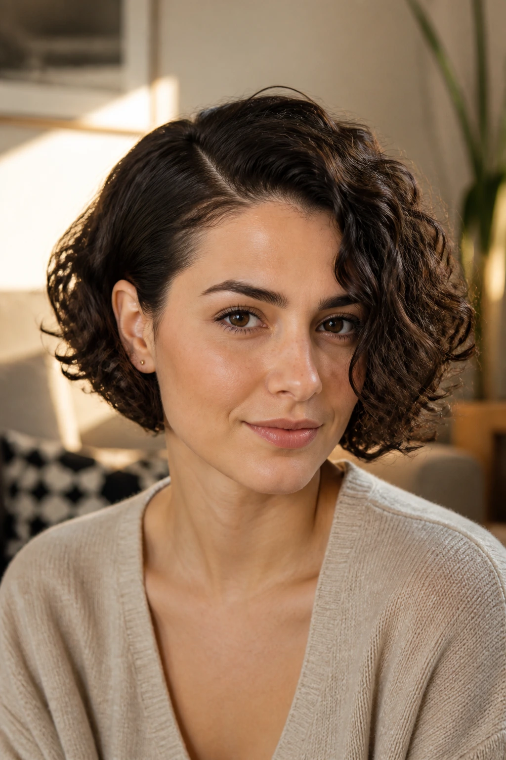 Close-up of real person with deep side-part bob.