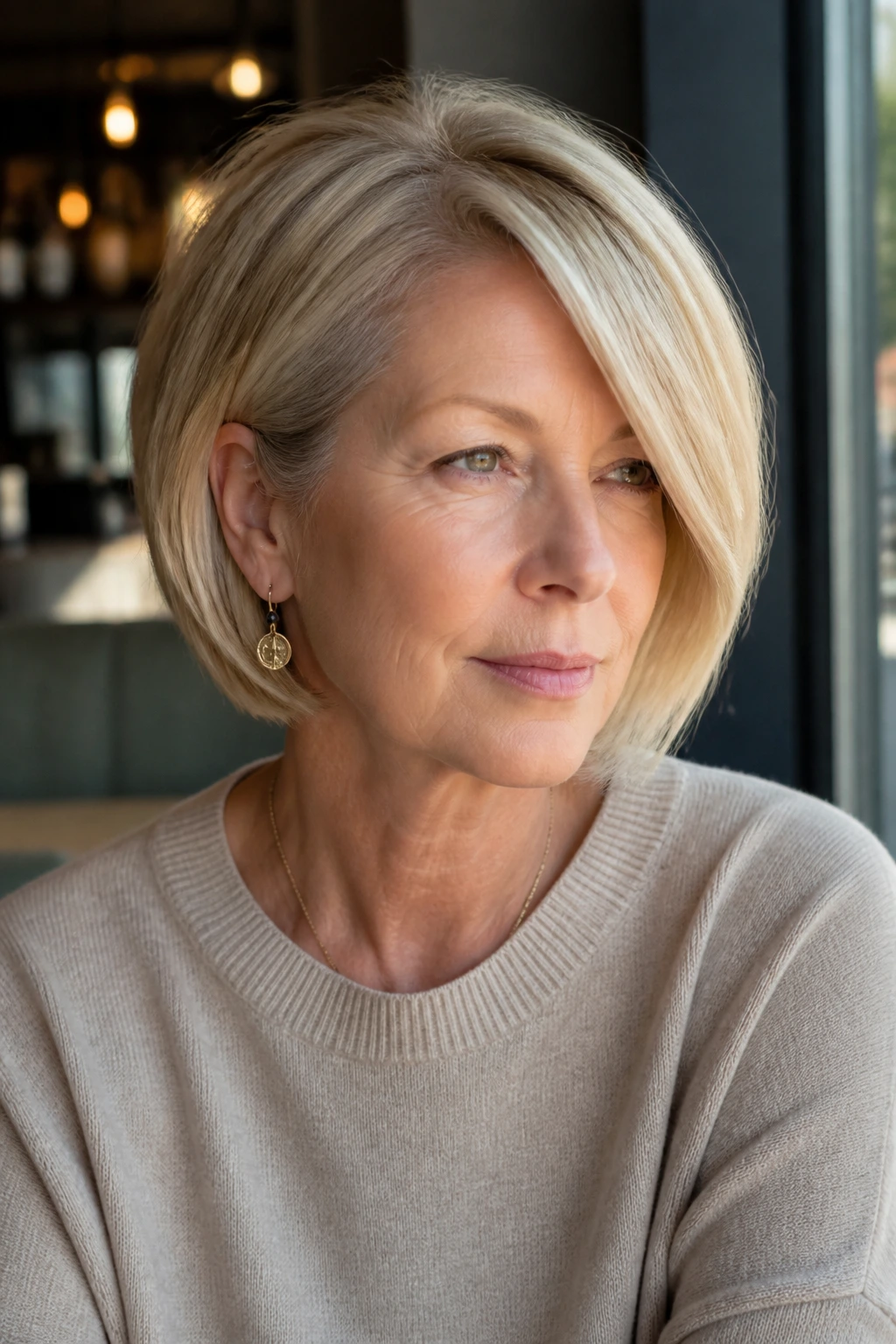 Close-up of a real woman with a deep side-part bob and sweeping hair.