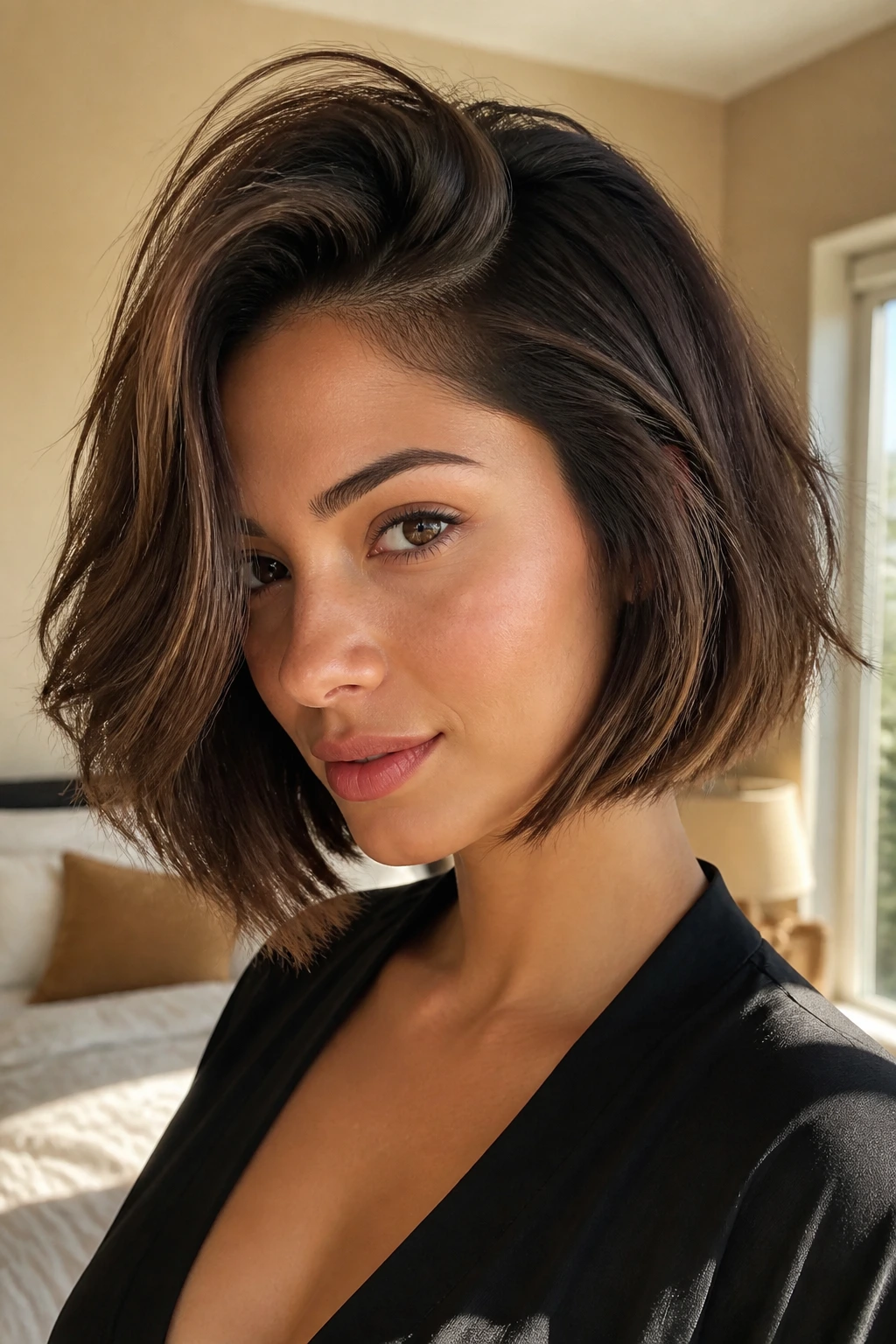 Close-up portrait of a real woman with a deep side-parted layered bob, hair filling the frame.